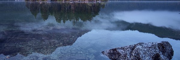 Jezioro Eibsee, Drzewa, Wyspa, Niemcy, Bawaria