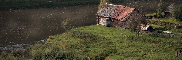 Drewniany, Las, Rosja, Kraj Permski, Trawy, Dom, Łodzie, Rzeka Czusowaja