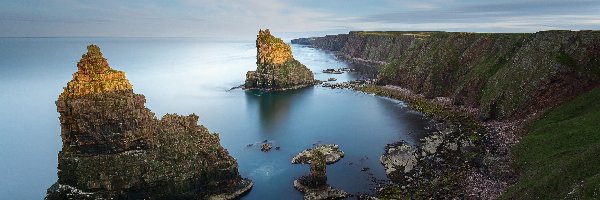 Wybrzeże, Morze, Szkocja, Roślinność, Klif, Skały, Duncansby Stacks, Przylądek Duncansby Head