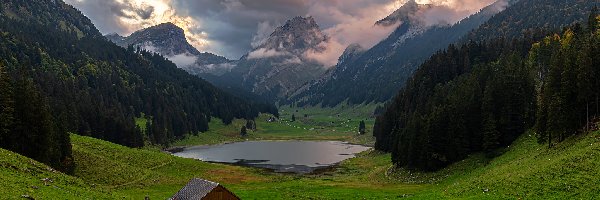 Szwajcaria, Góry Alpy, Masyw Alpstein, Dom, Jezioro Samtisersee, Kanton Sankt Gallen, Lasy