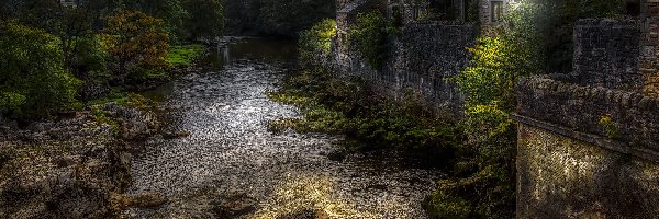 Rzeka, Domy, Drzewa, HDR, Wieczór