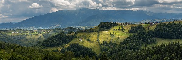 Chmury, Dolina, Domy, Wzgórza, Góry, Lasy, Drzewa