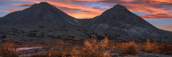 Park Narodowy Rondane, Krzewy, Chmury, Norwegia, Jesień, Góry