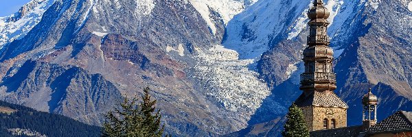 Drzewa, Alpy, Francja, Eglise Saint Nicolas, Szczyty, Mont Blanc, Kościół, Góry, Ośnieżone, Combloux