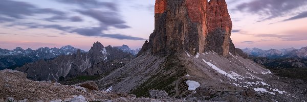 Zachód słońca, Masyw, Tre Cime di Lavaredo, Włochy, Góry, Dolomity