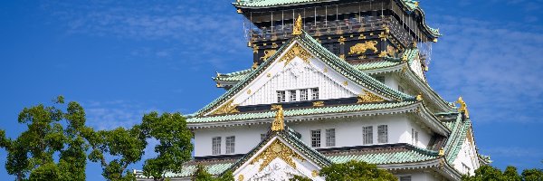 Niebo, Osaka-jo, Japonia, Błękitne, Wieża główna, Tenshu, Drzewa, Zamek Osaka, Brokatowy zamek, Osaka