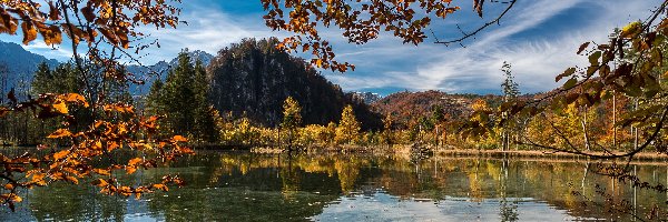 Wzgórza, Drzewa, Góry Totes Gebirge, Austria, Jesień, Jezioro Almsee