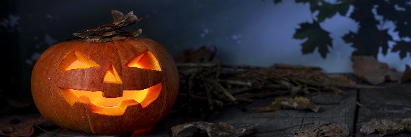 Dynia, Liście, Deski, Halloween, Noc