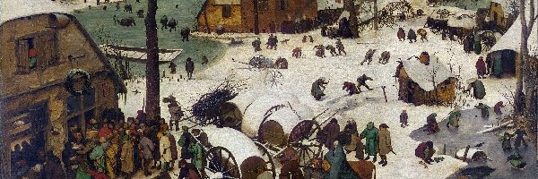 Domy, Kościół, Pieter Bruegel Starszy, Obraz, Malarstwo, Zima, Jezioro, Miasteczko, Ludzie