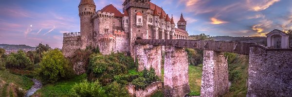 Zamek w Hunedoarze, Hunedoara, Wyżyna Transylwańska, Rzeka Cerna, Transylwania, Zachód słońca, Rumunia, Zamek Korwina, Drzewa, Most