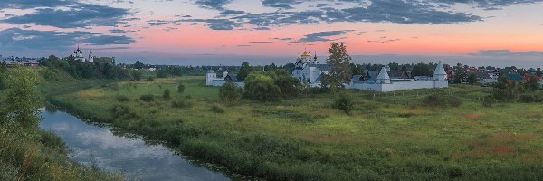 Rosja, Rzeka Kamienka, Cerkwie, Chmury, Świt, Obwód włodzimierski, Suzdal