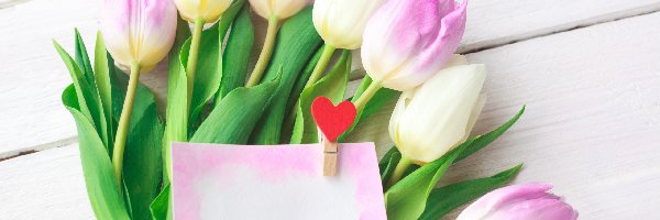 Deski, Klamerka, Kwiaty, Kartka, Serduszko, Tulipany, Różowo-białe