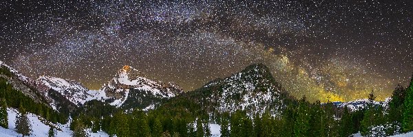 Las, Zima, Gwiazdy, Appenzeller Alpen, Szwajcaria, Alpy Zachodnie, Drzewa, Kanton Sankt Gallen, Szczyt Santis, Góry, Droga Mleczna