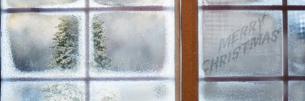 Merry Christmas, Okno, Śnieg, Zima, Boże Narodzenie, Napis, Choinka