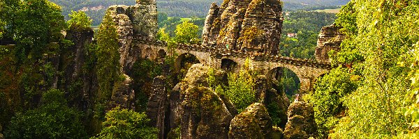 Niemcy, Drzewa, Most, Formacja skalna Bastei, Park Narodowy Saskiej Szwajcarii, Góry Połabskie, Skały