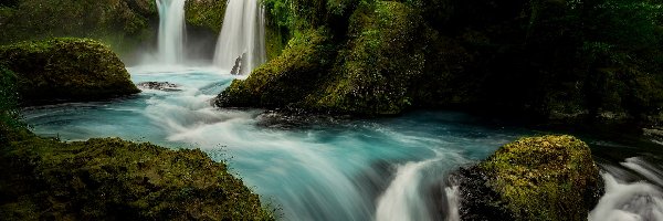 Wodospad Spirit Falls, Rzeka Little White Salmon River, Las Narodowy Gifford Pinchot, Stan Waszyngton, Stany Zjednoczone, Skały, Kamienie, Drzewa, Omszałe