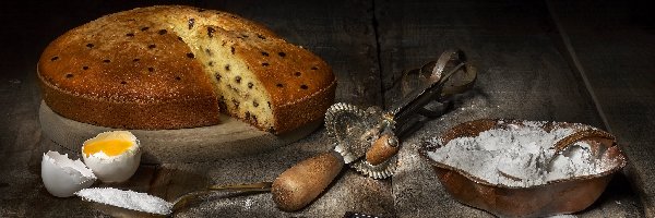 Jajka, Babka, Kompozycja, Deski, Mąka, Czekolada, Łyżka, Ciasto