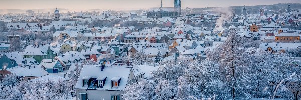 Bawaria, Śnieg, Zdjęcie miasta, Regensburg, Kościół, Miasto, Ratyzbona, Zima, Domy, Niemcy