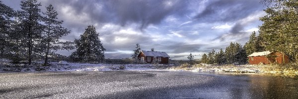 Drzewa, Jezioro Vaeleren, Domy, Zima, Gmina Ringerike, Norwegia