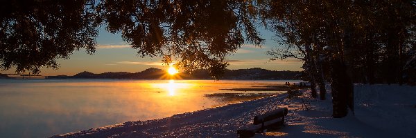 Norwegia, Ławeczka, Zachód słońca, Drzewa, Zima, Kristiansand, Fiord Topdalsfjorden