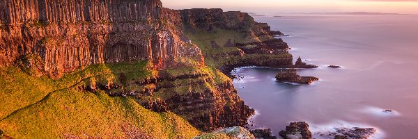 Formacja, Morze, Irlandia, Antrim, Skały, Grobla Olbrzyma, Giants Causeway, Wschód słońca