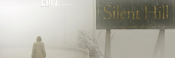 Silent Hill, droga, mgła, kobieta, szyld