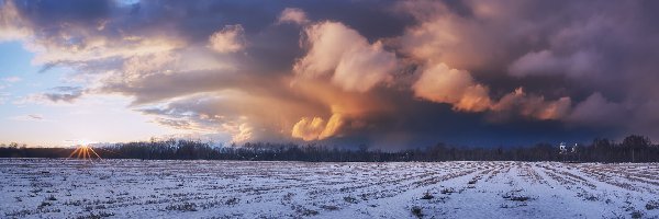 Promienie słońca, Chmury, Las, Cerkiew, Pola, Zima