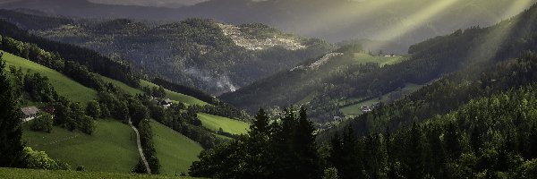Domy, Lasy, Austria, Gmina Turnau, Wzgórza, Światło, Słoneczne, Góry