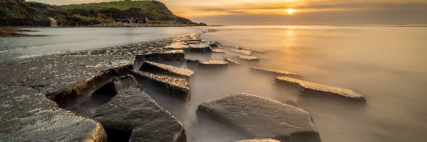 Dorset, Skały, Zatoka Kimmeridge, Anglia, Morze, Zachód słońca