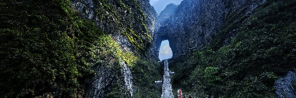 Góry, Atrakcja turystyczna, Chiny, Hunan, Schody, Drzewa, Zhangjiajie, Góra Tianmen