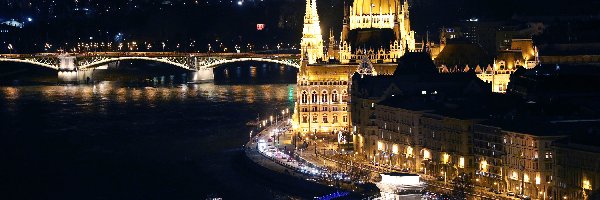 Rzeka Dunaj, Budapeszt, Most, Noc, Parlament, Miasto nocą, Węgry