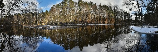 Jezioro, Śnieg, Drzewa, Odbicie, Chmury