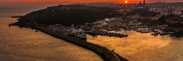 Malta, Zatoka, Wschód słońca, Przystań, Port, Wyspa Gozo, Mgarr