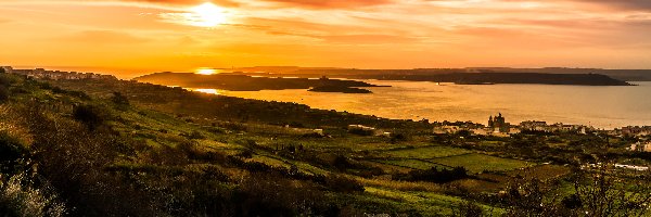 Malta, Wzgórze, Pola, Morze Śródziemne, Wschód słońca, Wyspa Gozo, Nadur