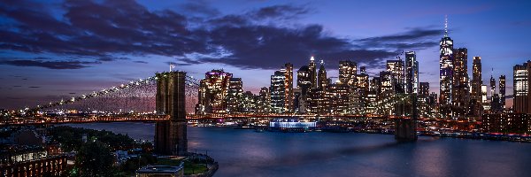 Świt, Most Brookliński, Stany Zjednoczone, Manhattan, Wieżowce, Cieśnina East River, Nowy Jork, Brooklyn Bridge