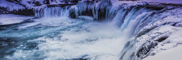 Zima, Śnieg, Sople, Wodospad Godafoss, Islandia, Zachód słońca, Góry