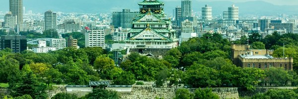 Domy, Osaka-jo, Japonia, Osaka, Brokatowy zamek, Mur, Drzewa, Zamek Osaka