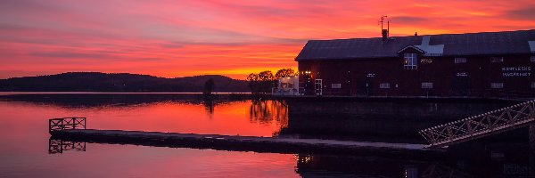 Szwecja, Jezioro, Przystań, Pomost, Dom, Arvika, Zachód słońca