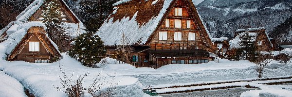 Zima, Wieś Shirakawa, Staw, Drzewa, Prefektura Gifu, Domy, Góry, Japonia
