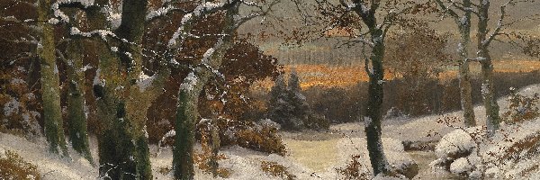 Las, Malarstwo, Alois Arnegger, Zachód słońca, Zima, Drzewa, Rzeka, Obraz