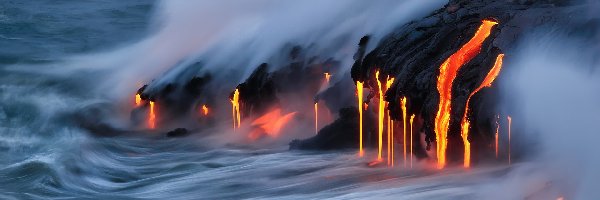 Park Narodowy Wulkany Hawai, Kamokuna, Stany Zjednoczone, Fale, Ogień, Dym, Ocean, Wulkan Kīlauea, Lawa, Hawaje