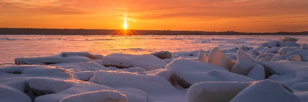 Kostroma, Kry, Rzeka Wołga, Rosja, Zachód słońca, Zima