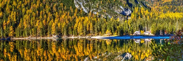 Kościół, Góry, Las, Odbicie, Jezioro Braies - Pragser Wildsee, Włochy