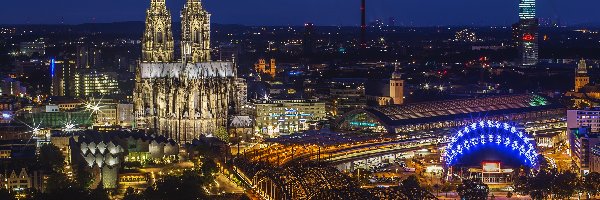 Kolonia, Katedra, Noc, Niemcy, Most Hohenzollernów, Rzeka Ren