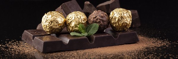 Liść, Czekolada, Kompozycja, Odbicie, Kakao, Czarne, Tło, Słodycze, Ferrero Rocher, Mięta