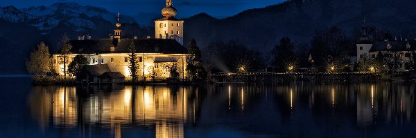 Austria, Noc, Most, Zamek Ort, Oświetlony, Gmunden, Jezioro Traunsee
