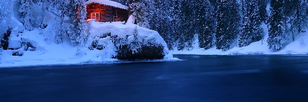 Park Narodowy Oulanka, Śnieg, Finlandia, Drzewa, Rzeka, Drewniana, Chata, Zima, Zmrok, Laponia