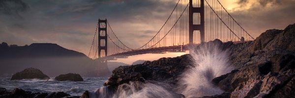 Skały, Cieśnina Golden Gate, Golden Gate, San Francisco, Most, Fale, Stany Zjednoczone Most Golden Gate, Kalifornia