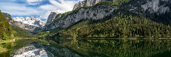 Austria, Vorderer Gosausee, Drzewa, Jezioro Gosau, Góry Dachstein, Odbicie, Chmury