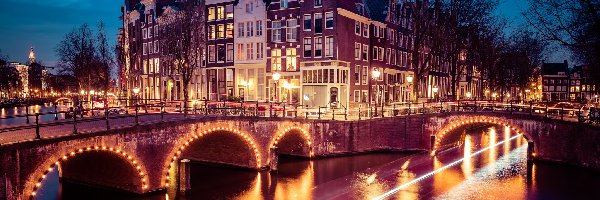 Światła, Rzeka Amstel, Most, Amsterdam, Holandia, Domy, Drzewa